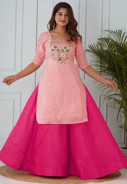 Gota Patti Uppada Silk Straight Kurta Set in Peach