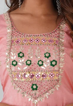 Gota Patti Uppada Silk Straight Kurta Set in Peach