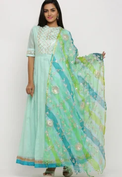 Gota Work Chanderi Silk Pleated Abaya Style Suit in Green