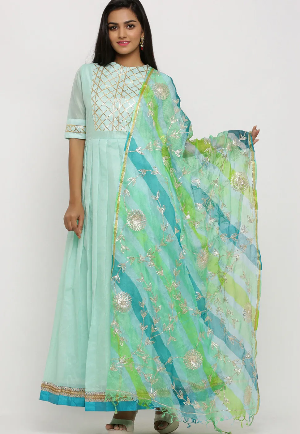 Gota Work Chanderi Silk Pleated Abaya Style Suit in Green