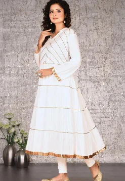 Gota Work Cotton Rayon Anarkali Kurta in White