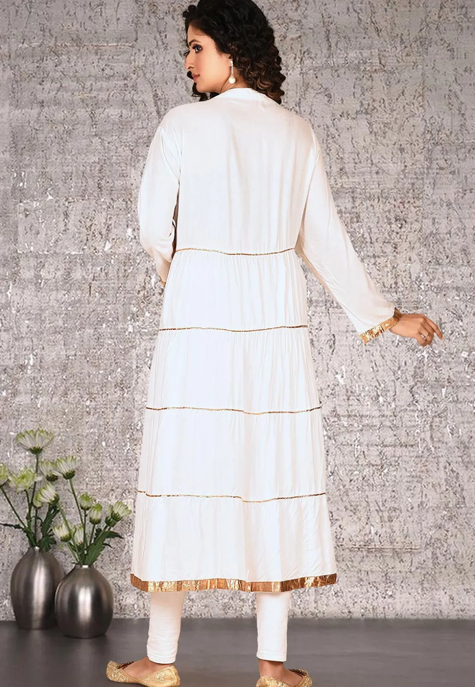 Gota Work Cotton Rayon Anarkali Kurta in White