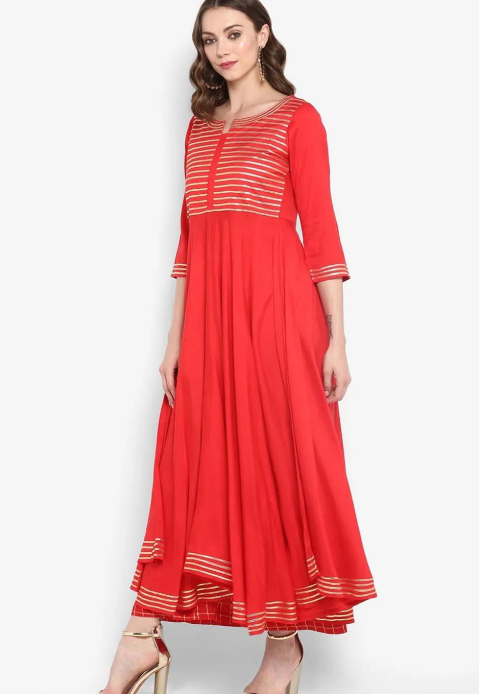 Gota Work Rayon A Line Kurta in Coral Red
