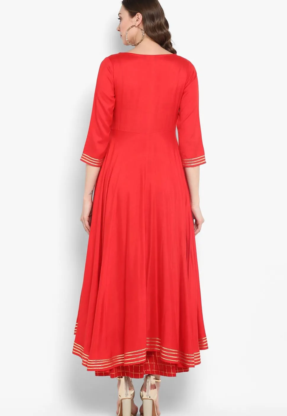 Gota Work Rayon A Line Kurta in Coral Red