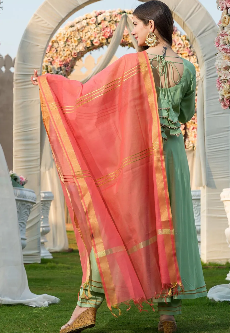 Gota Work Rayon Anarkali Suit in Pastel Green