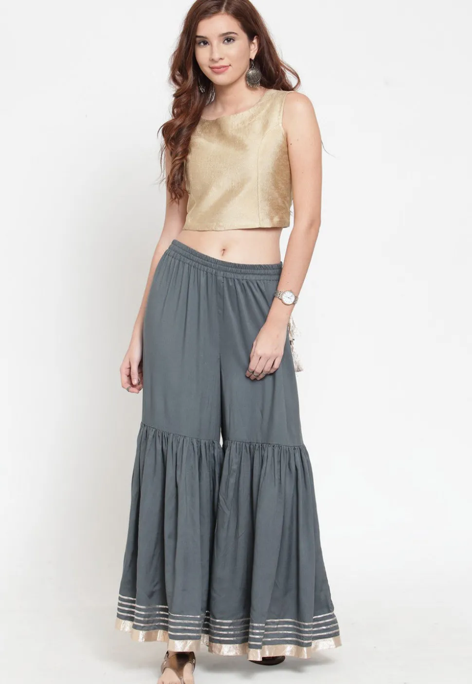 Gota Work Rayon Palazzo in Grey