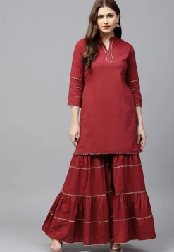 Gota Work Rayon Straight Kurta in Maroon