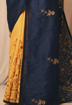 Half N Half Art Silk Embroidered Saree in Navy Blue and Yellow