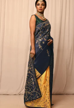 Half N Half Art Silk Embroidered Saree in Navy Blue and Yellow