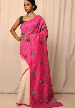 Half N Half Art Silk Embroidered Saree in Fuchsia and Cream