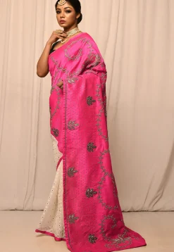 Half N Half Art Silk Embroidered Saree in Fuchsia and Cream