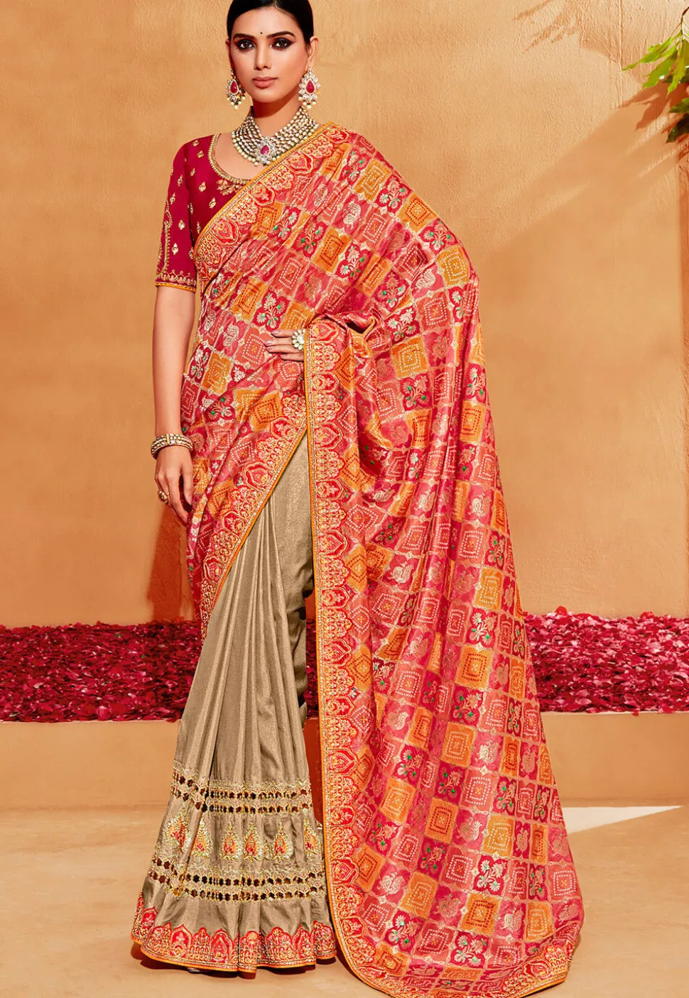 Half N Half Art Silk Jacquard Saree in Multicolor and Beige