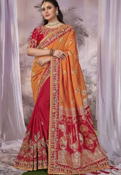 Half N Half Art Silk Jacquard Saree in Orange and Red