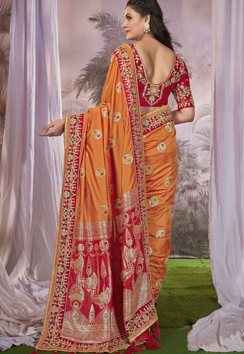 Half N Half Art Silk Jacquard Saree in Orange and Red