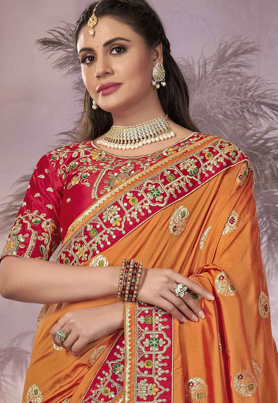 Half N Half Art Silk Jacquard Saree in Orange and Red