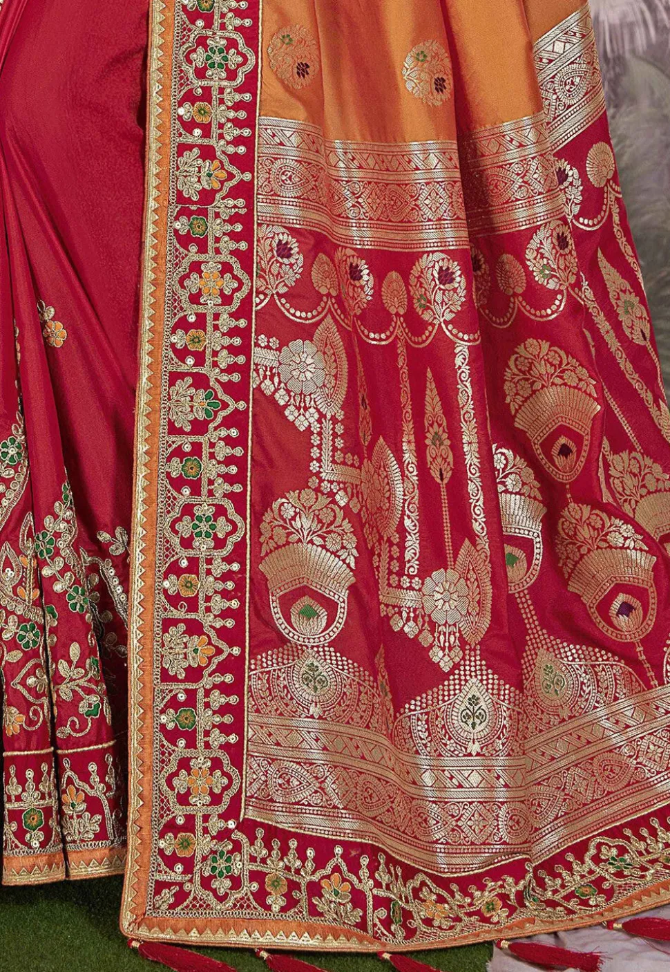 Half N Half Art Silk Jacquard Saree in Orange and Red
