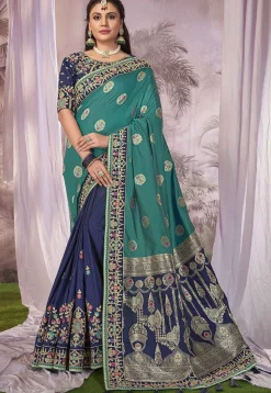 Half N Half Art Silk Jacquard Saree in Sea Green and Navy Blue