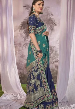 Half N Half Art Silk Jacquard Saree in Sea Green and Navy Blue