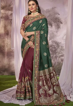 Half N Half Art Silk Jacquard Saree in Green and Maroon