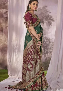 Half N Half Art Silk Jacquard Saree in Green and Maroon