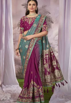 Half N Half Art Silk Jacquard Saree in Teal Green and Magenta