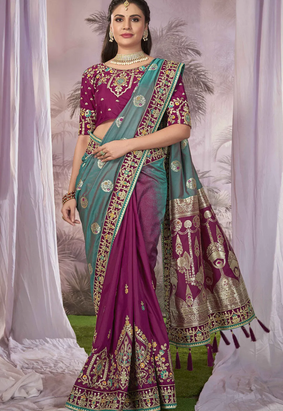 Half N Half Art Silk Jacquard Saree in Teal Green and Magenta