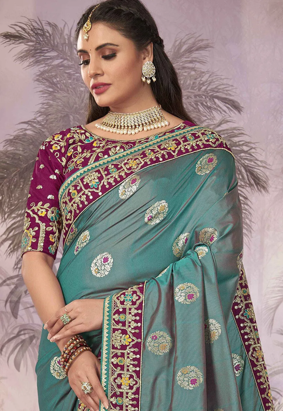 Half N Half Art Silk Jacquard Saree in Teal Green and Magenta