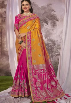 Half N Half Art Silk Jacquard Saree in Mustard and Pink