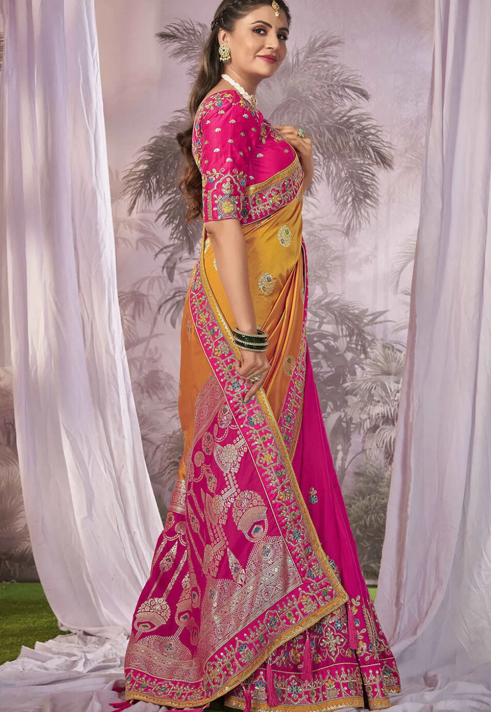 Half N Half Art Silk Jacquard Saree in Mustard and Pink