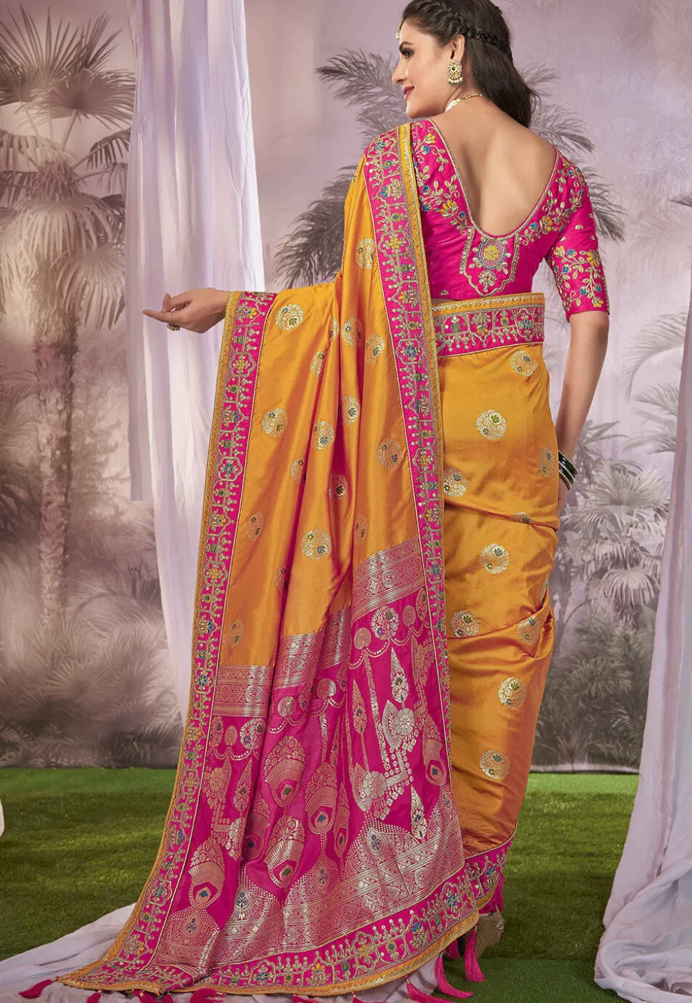 Half N Half Art Silk Jacquard Saree in Mustard and Pink