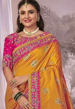 Half N Half Art Silk Jacquard Saree in Mustard and Pink