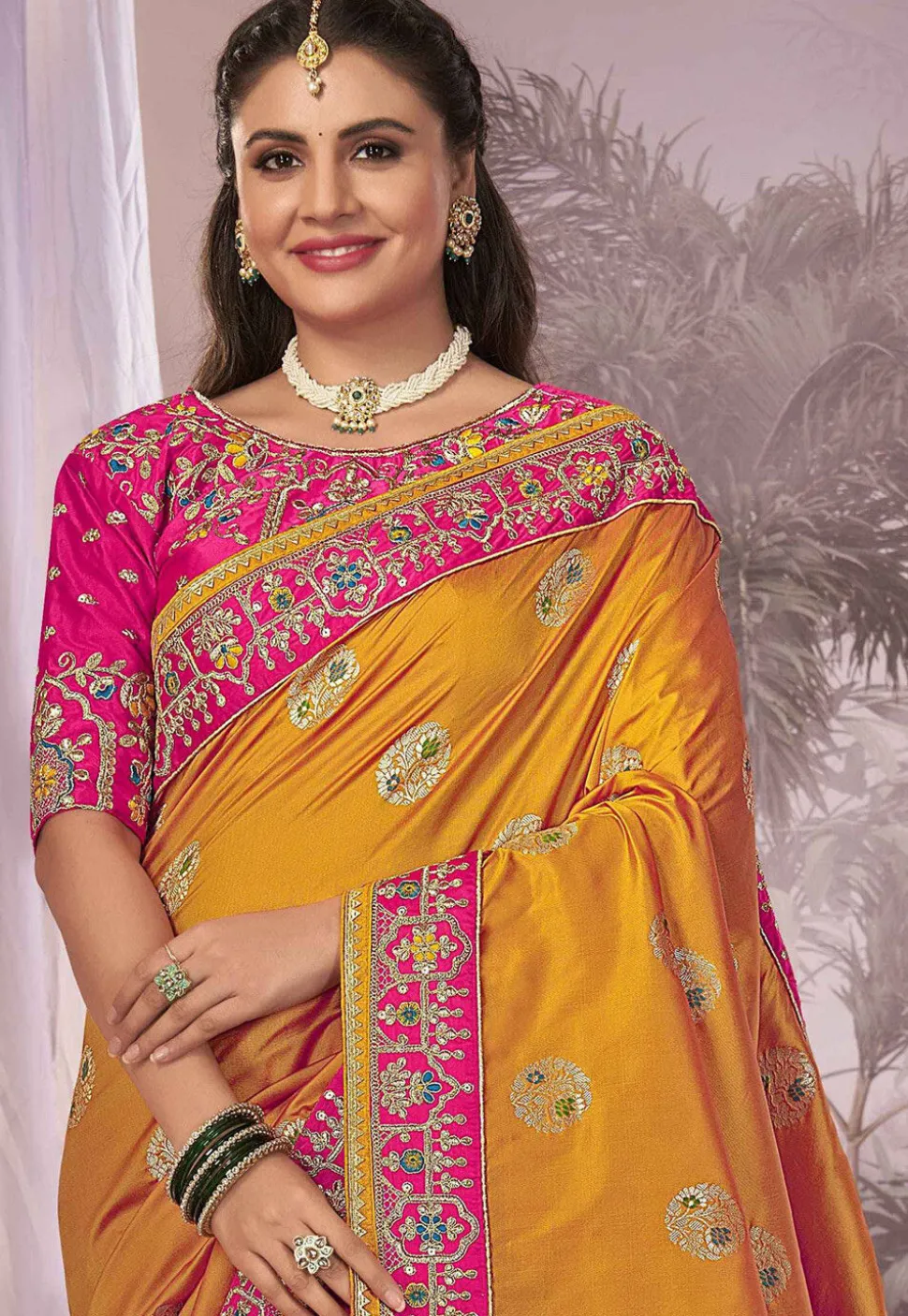 Half N Half Art Silk Jacquard Saree in Mustard and Pink