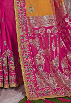 Half N Half Art Silk Jacquard Saree in Mustard and Pink