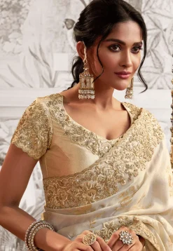Half N Half Art Silk Jacquard and Art Silk Saree in Cream