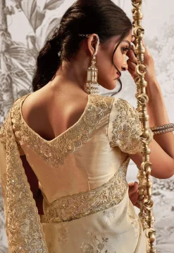 Half N Half Art Silk Jacquard and Art Silk Saree in Cream
