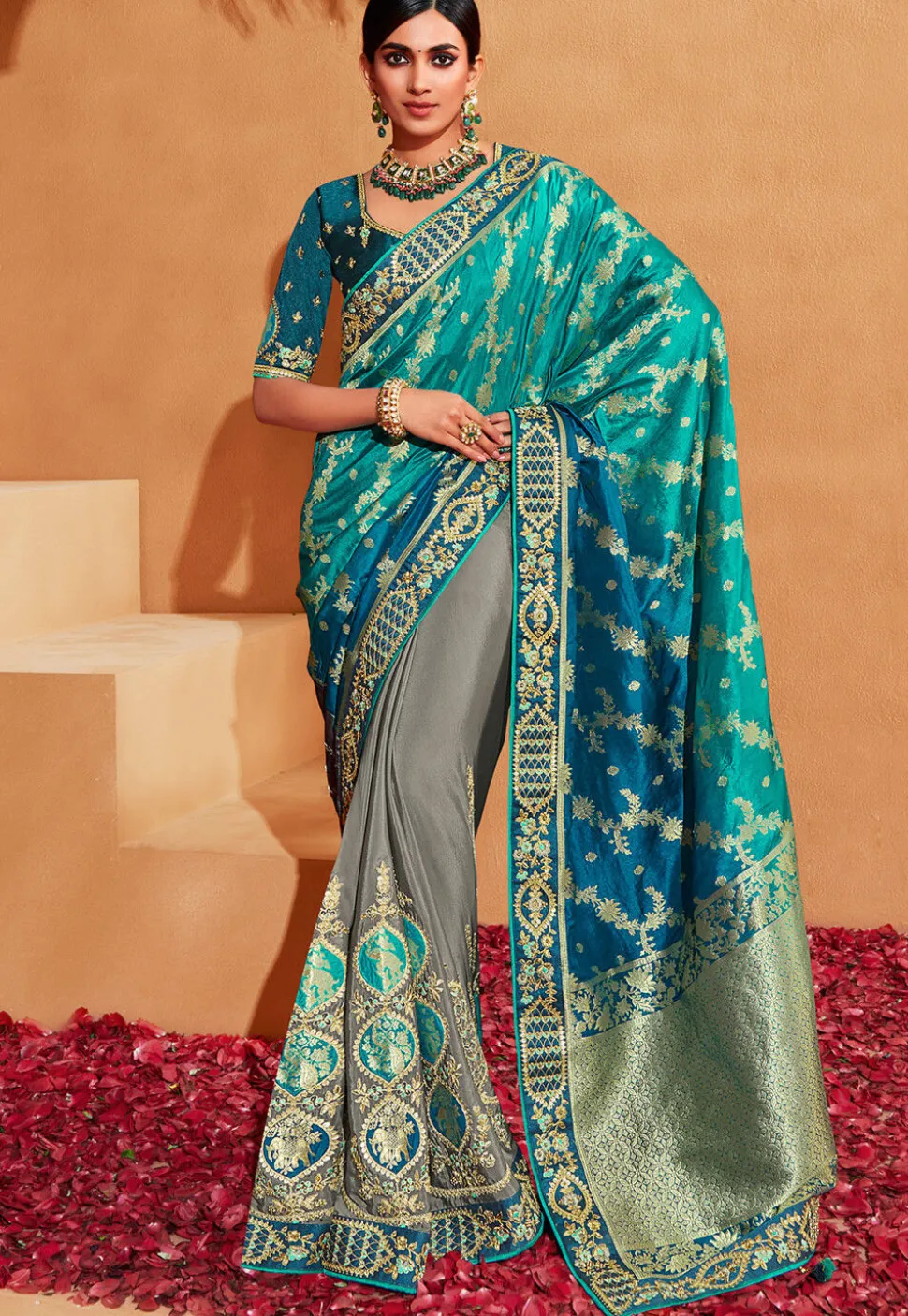 Half N Half Art Silk Jacquard Saree in Teal Blue and Grey