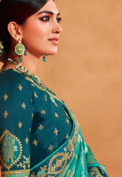 Half N Half Art Silk Jacquard Saree in Teal Blue and Grey