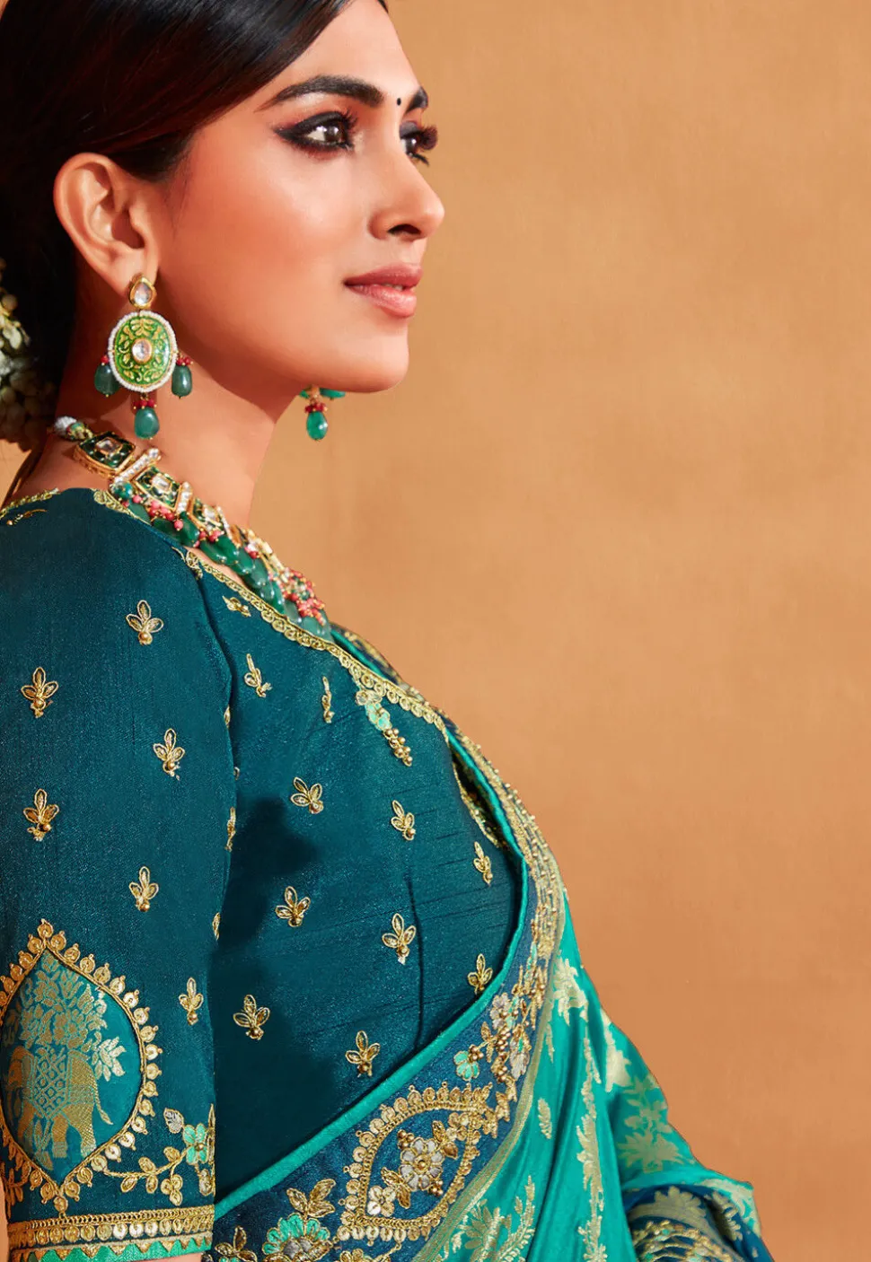 Half N Half Art Silk Jacquard Saree in Teal Blue and Grey