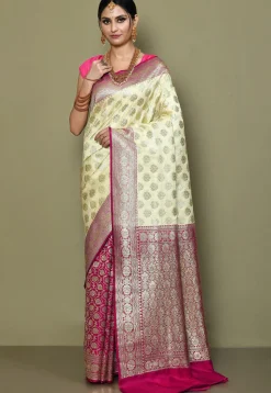 Half N Half Art Silk Saree in Light Beige and Magenta