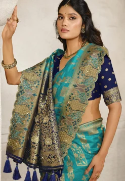 Half N Half Art Silk Saree in Blue and Navy Blue