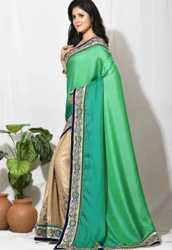 Half N Half Art Silk Saree in Teal Green and Beige
