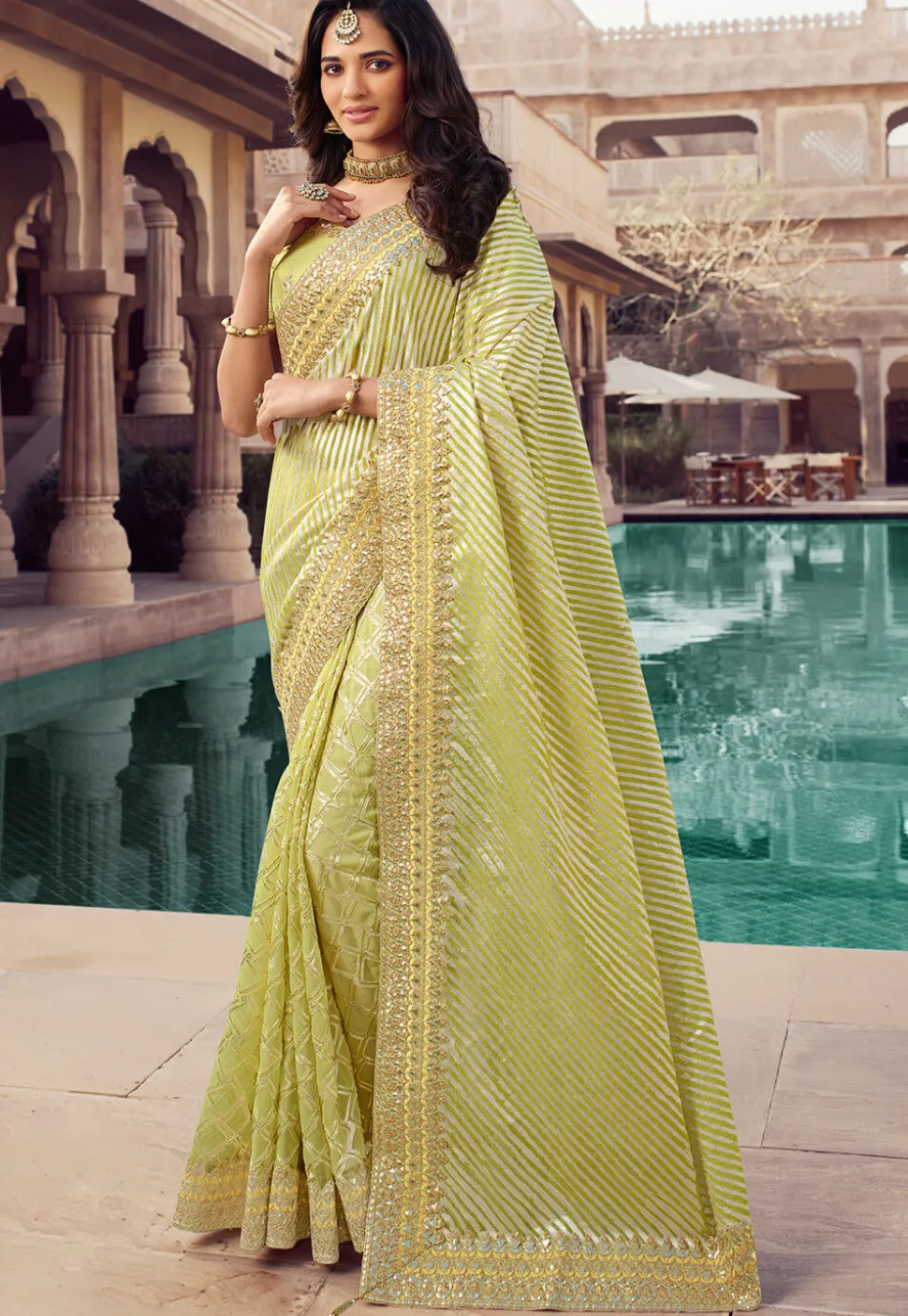 Half N Half Art Silk Saree in Light Green