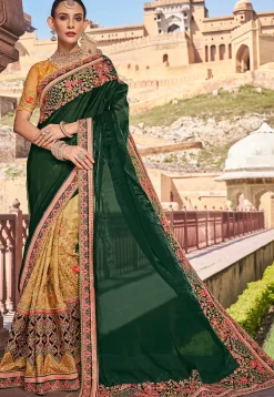 Half N Half Art Silk Saree in Yellow and Dark Green