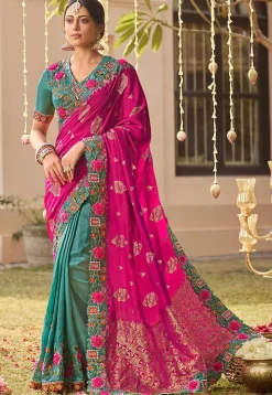Half N Half Art Silk Saree in Fuchsia and Teal Green