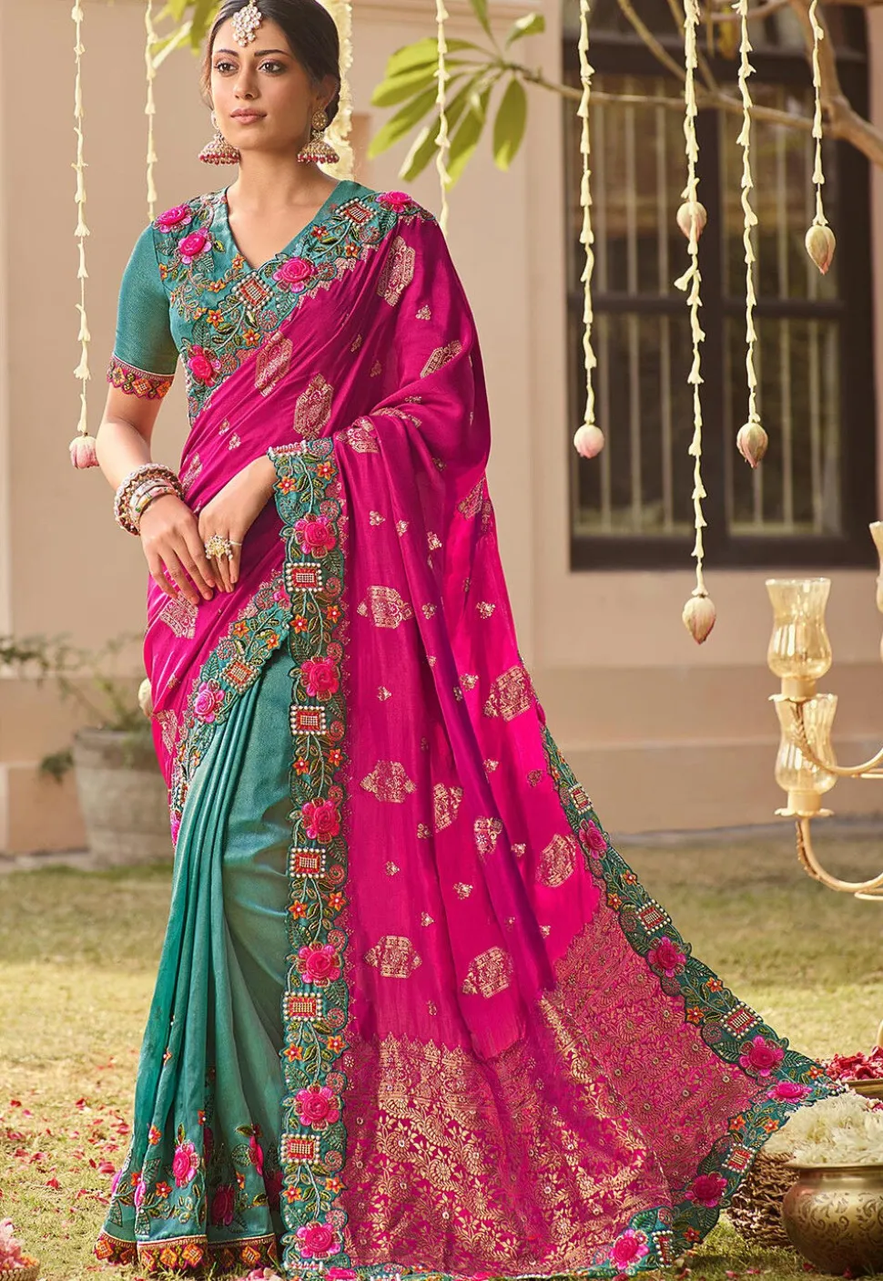 Half N Half Art Silk Saree in Fuchsia and Teal Green