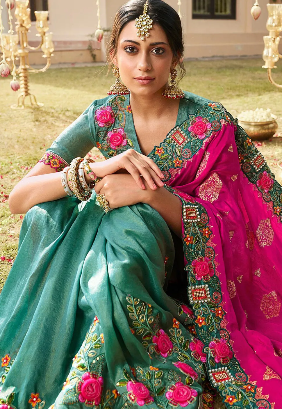 Half N Half Art Silk Saree in Fuchsia and Teal Green