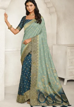 Half N Half Art Silk Saree in Sky Blue and Teal Blue