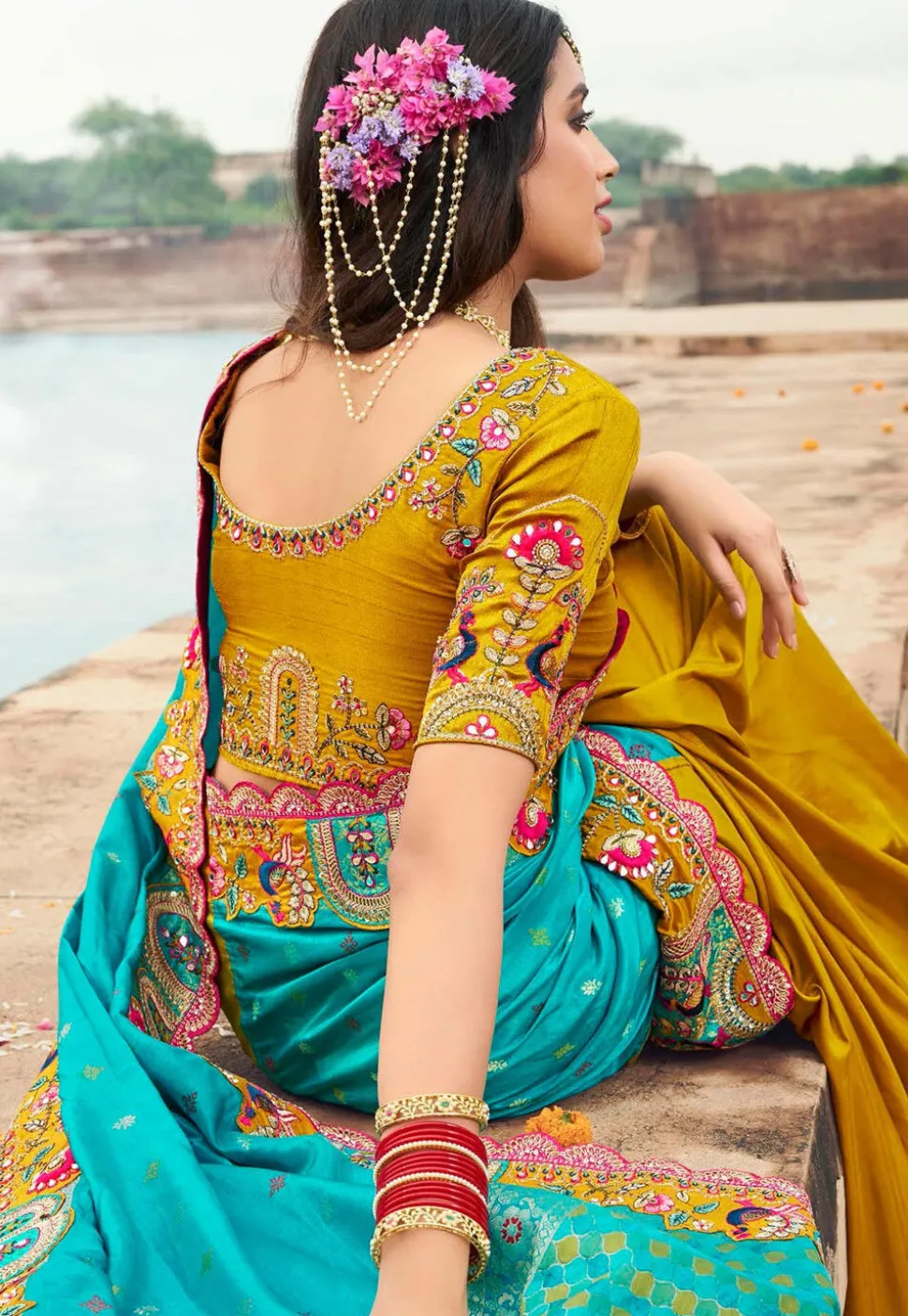 Half N Half Art Silk Saree in Turquoise and Mustard