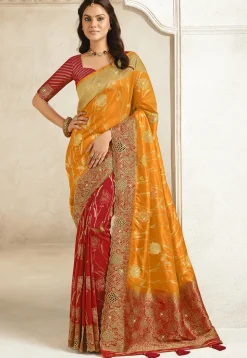 Half N Half Art Silk Saree in Light Orange and Red