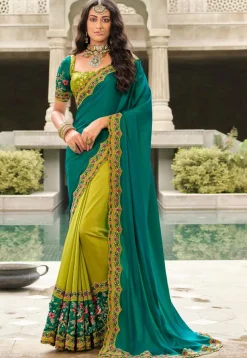 Half N Half Art Silk Saree in Teal Green and Light Green